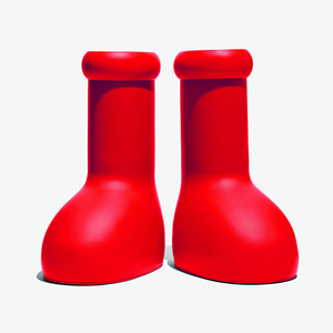 Big Red Boot, Archive #147, 2023. Image credit; © MSCHF A pair of large red boots in an abstracted cartoon shape.