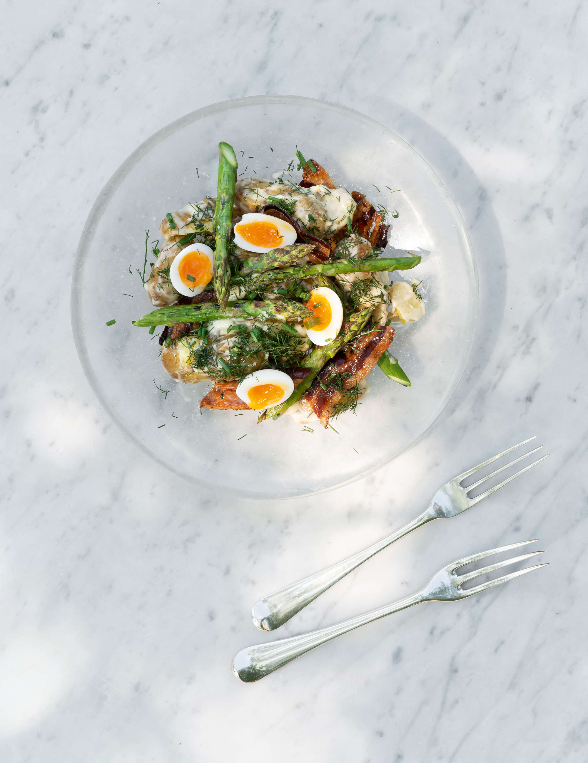 Warm salad of Jersey Royals, asparagus and pancetta. Photography: Gilbert McCarragher