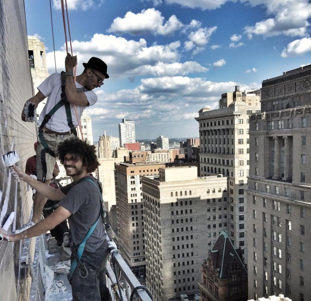 Marc Azoulay (bottom) and JR in Philadelphia, 2015