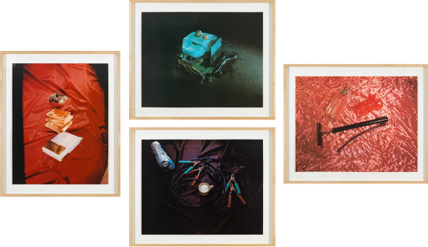 Sweets, Meats, Sheets; Closed; Air, Water,
Fire; and Open from Tropical Fish Series (1975) 4 Color screenprints Each: 25 3/4 × 32 3/4 inches (65.4 × 83.2 cm). © Ed Ruscha. Courtesy Gagosian Gallery. 